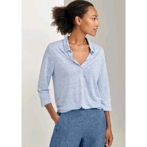 Poetry STRIPED POLO SHIRT Linen Jersey Women’s 10 Blue White 3/4 Sleeve